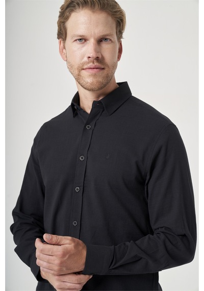 İmza Siyah Biritli Yaka Uzun Kol Cepsiz Slim Fit Pamuklu Gömlek 1004260207