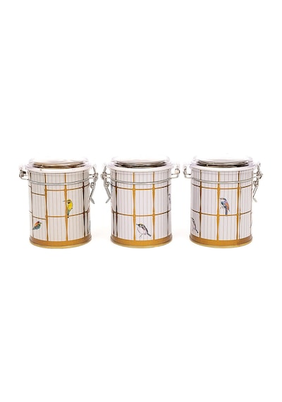 Bird Cage Desenli Kilitli Kapaklı Yuvarlak Metal Saklama Kabı 3 Lü Set, 9 X 11 Cm