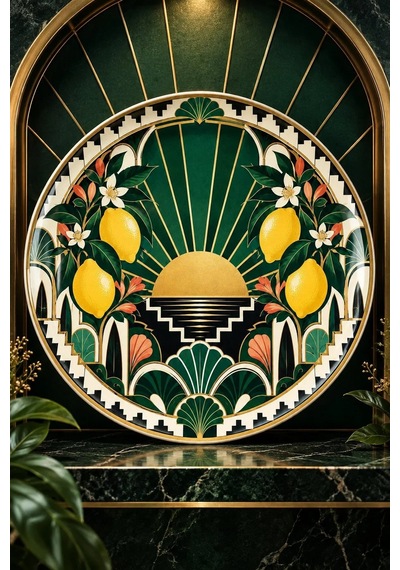 Dekoratif Duvar Tabağı Limonlu Art Deco Bahçe Dekorlu Seramik Tabak Kırmızı
