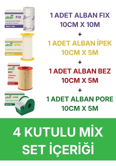 4 Kutulu Mix Flaster Seti İpek, Bez, Kağıt Pore 5cmx5m Ve Fix Elastik Sabitleme Flaster 5cmx10m