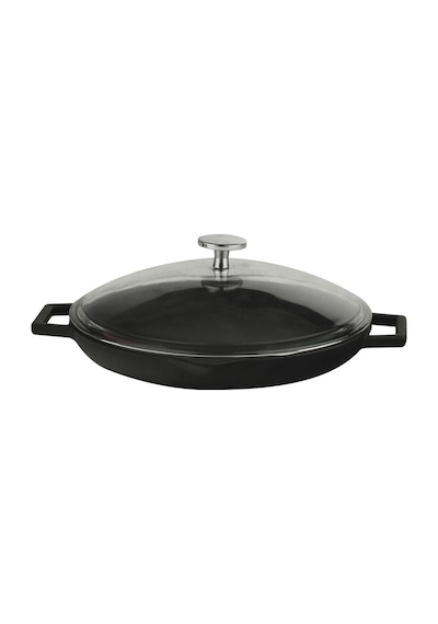 Lava Döküm Yuvarlak Kızartma Tavası. Metal Kulplu. Cam Kapaklı.