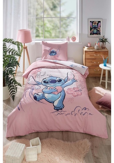 Lisanslı Fitted Çarşaflı Tek Kişilik Çocuk Nevresim Takımı-stitch Aloha Pembe