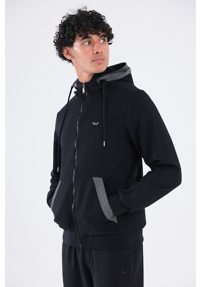 Rowinger Modal Kumaş Kapüşonlu Fermuarlı Kontrast Detaylı Erkek Sweatshirt Siyah