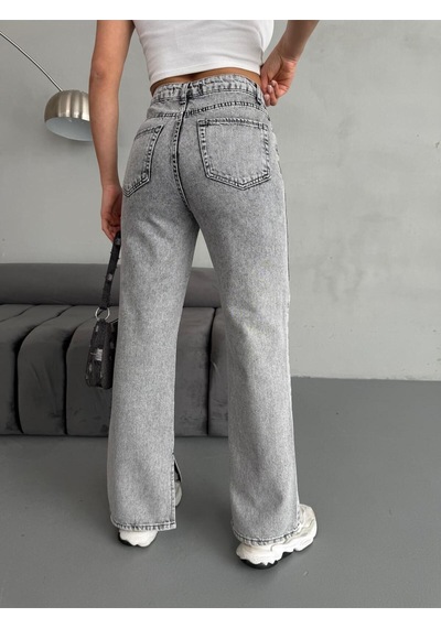 Yırtmaç Detaylı Boru Paça Grey Snow Wash Jean Gri