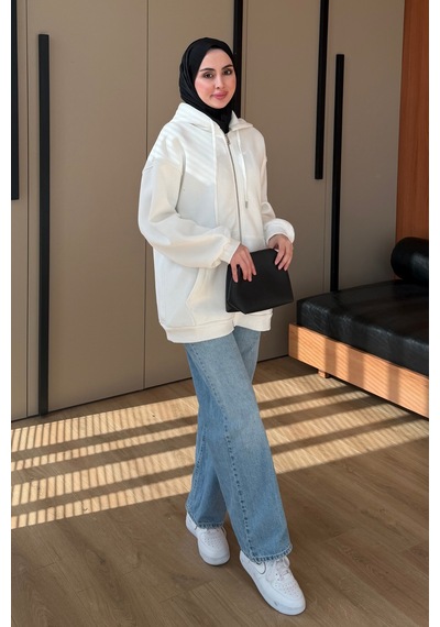 Balenbi Kadın 3 İplik İçi Polarlı Kapüşonlu Tesettür Basic Sweat Hırka 395 Ekru