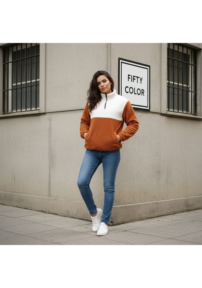 Kadın Yarım Fermuarlı Peluş Sweatshirt Rahat Ve Sıcak Kışlık Üst Kazak Tarçın