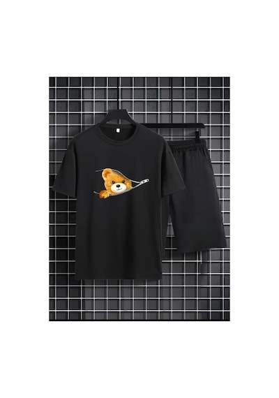 Medinenur Fermuar Ayıcık Desen Baskılı T-shirt Short Bol Paça Rahat Kalıp Siyah Alt Siyah Üst Short Takım Siyah