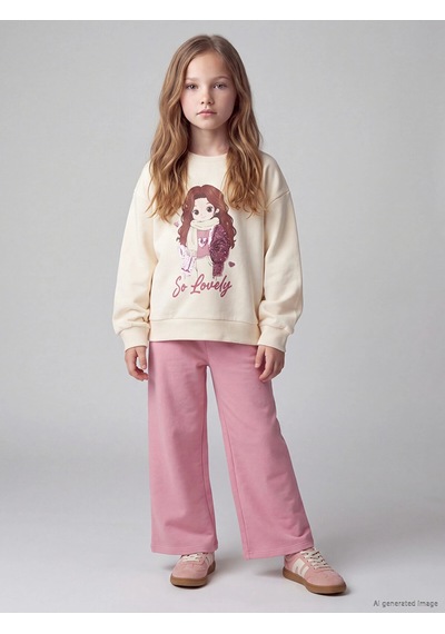 LC Waikiki Lcw Kids Ekru Baskılı Kız Çocuk Kalın Sweatshirt Cream