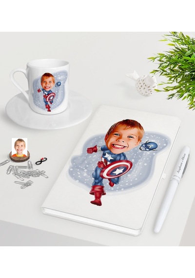 Kişiye Özel Çocuk Kaptan Amerika Karikatürlü Beyaz Defter Kalem T