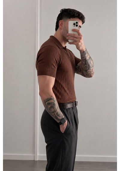 Tarz Cool Premium Fitilli Triko Polo Yaka Erkek Old Money T-shirt Kahverengi