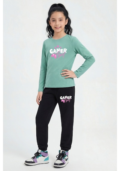 Panios Kids 3'lü Yuvarlak Yaka Sweatshirt Siyah Eşofmanlı Baskı Detaylı 6 Parça Kız Çocuk Alt Üst Takım Siyah - Turuncu