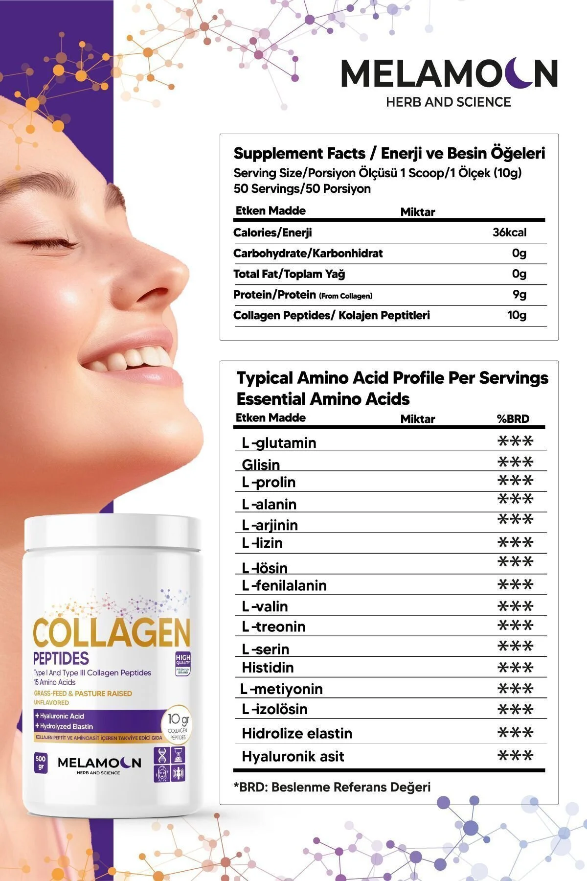 %100 Saf Ve Doğal Kolajen Collagen Peptitler, Hyaluronik Asit Ve Hidrolize Elastin Diyet Takviyesi