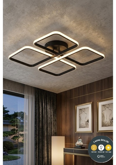 March Kumandalı Dekoratif Siyah Plafonyer Led Avize-4'lü Geometrik Kare 3 Renk Yanma Özellikli