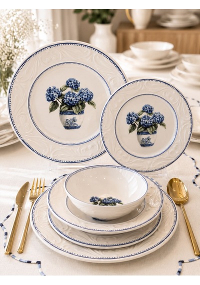 26 Parça 6 Kişilik Vintage Hydrangea Yemek Takımı-7210 Beyaz