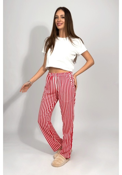 Kadın Cepli Pamuklu Lastikli Bel Kurdeleli Desenli Pijama Altı Kırmızı
