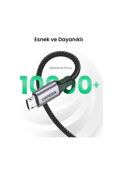 Ugreen Usb 2.0 A To Micro Usb Örgülü Hızlı Şarj Kablosu, 1m, Siyah, 60146