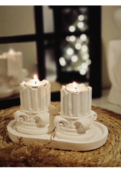 Tepside Dekoratif 2'li Yıkılmış Roma Sütunu Tealight Mumluk 8cm Ve 2 Adet Tealight Mum Hediyeli Beyaz