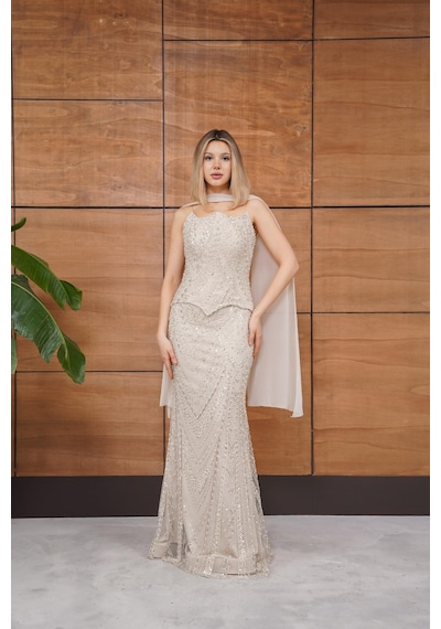 Livanomi Boncuk İşlemeli İkili Straplez Yaka Gold Abiye Gold