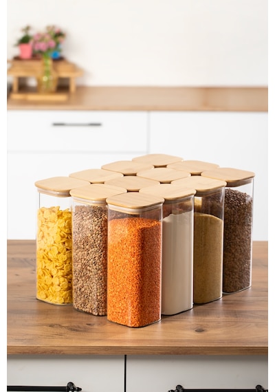 Porsima 7-4 Bambu Vakumlu Kapaklı Kare Borsilikat Cam 12li Kavanoz Seti Saklama Kabı 1900ml 9,5x27cm