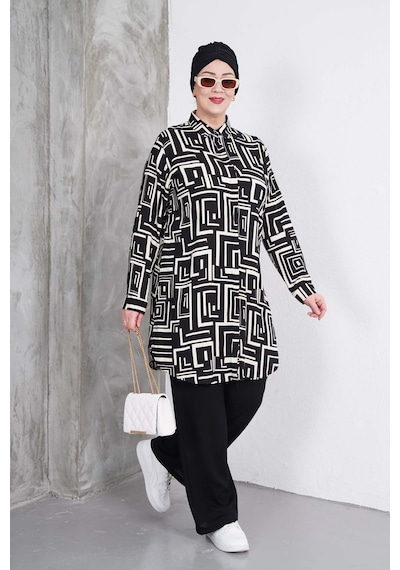 Polologin Butik Beyaz Labirent Çizgili Tunik Ve Siyah Pantolon Takım Çok Renkli