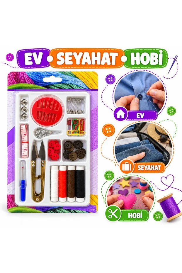 Çok Parçalı Dikiş Seti 4 Renk İplik İğne Makas Mezura Düğme Çengelli İğne Tamir Seti