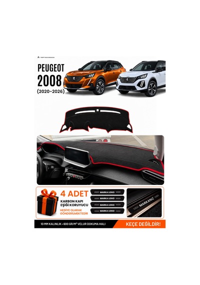 Peugeot 2008 2020-2026 Uyumlu Torpido Örtüsü, Torpido Kılıfı - Siyah Kırmızı