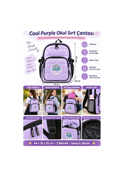 Okul Sırt Çantası Cool Purple 3 Bölmeli Ortopedik Matara Cepli 44x30x20cm Çok Renkli