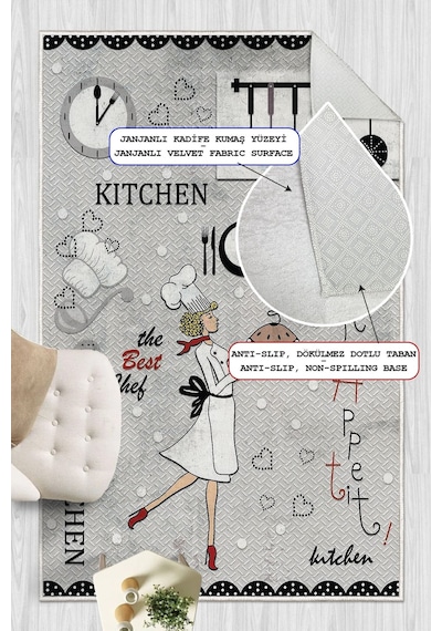 Mutfak Temalı Kitchen Yazılı Baskılı Kaymaz Yıkanabilir Mutfak Halısı Yolluk gri