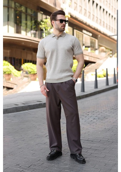 Madmext Kum Rengi Polo Yaka Regular Fit Erkek Triko Tişört E7496