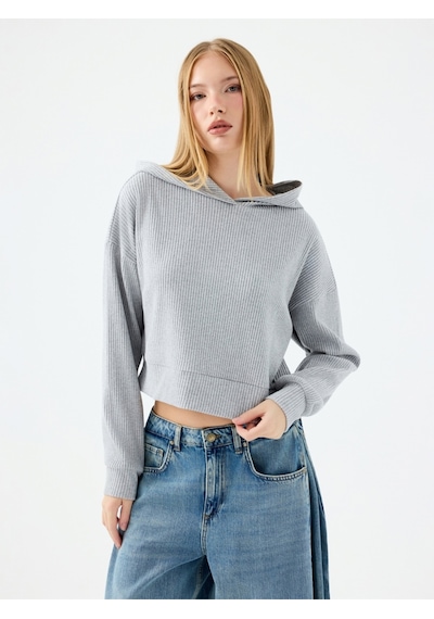 Long Crop Kadın Sweatshirt Gri Melanj