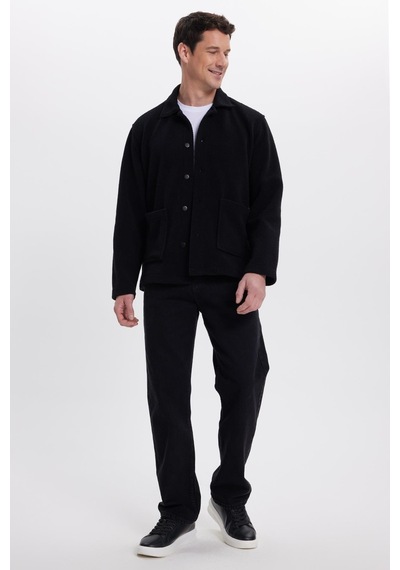 Tudors Erkek Regular Fit Rahat Kesim Peluş Çıtçıtlı Torbalı Çift Cepli Siyah Ceket Gömlek-41995 Siyah
