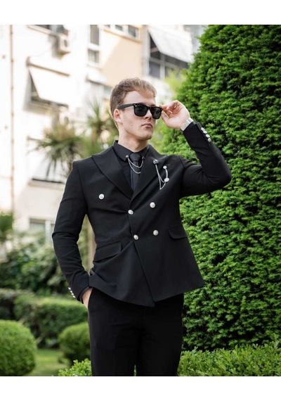 Beystil Sivri Yaka Siyah Kruvaze Takım Elbise Nikol036- Slim Fit Siyah