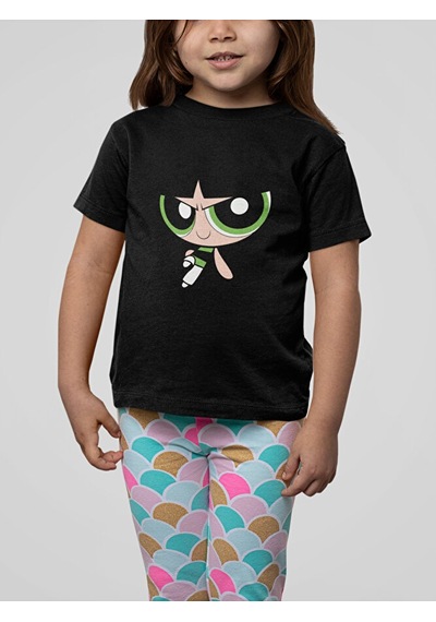 Sevbano Power Puff Girls Buttercup Baskılı Unisex Çizgi Film Çocuk Tişört Siyah