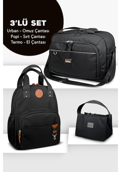 Stylo 3'lü Set Anne Bebek Bakım Sırt Çantası - Urban Anne Bebek Omuz Çantası ve Termos Çanta Siyah