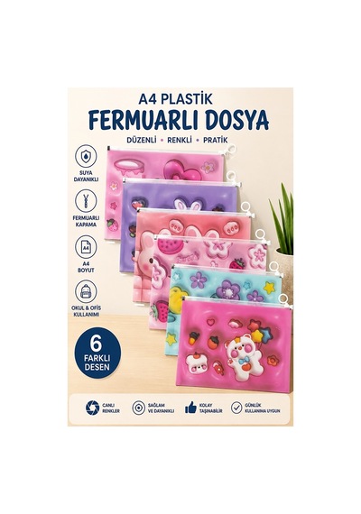 Fermuarlı Dosya Renkli A4 1 Paket Fixpoint 2380 Plastik Desenli Fermuarlı Zarf Dosya Ödev Evrak Belge Saklama Pembe