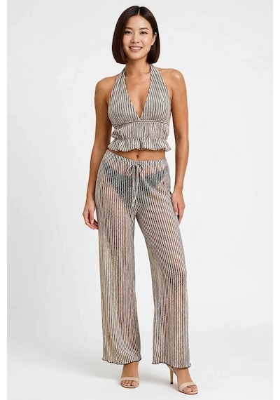 Benerly Kadın Büyük Beden Halter Yaka Crop Top Pantolon Takımı Simli Örme Çok Renkli