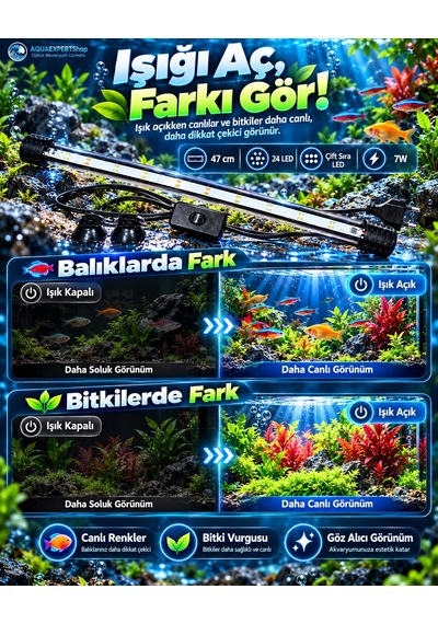 Akvaryum Işığı - Balık Işığı - Bitki Işığı - 47 Cm - 24 Led - Tamamen Su İçinde Kullanılabilir - 3 Modlu - 7w - Mükemmel Işık