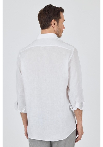İmza Uzun Kol Düz Keten Düğmeli Yaka Cepsiz Casual Comfort Fit Gömlek 1004250114 Beyaz