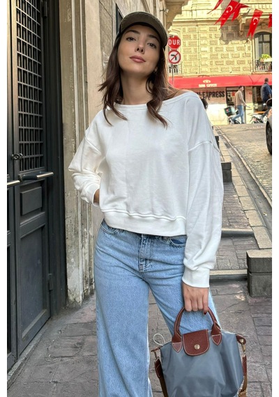 Ekru Kayık Yaka Kadın Sweatshirt Mg2208