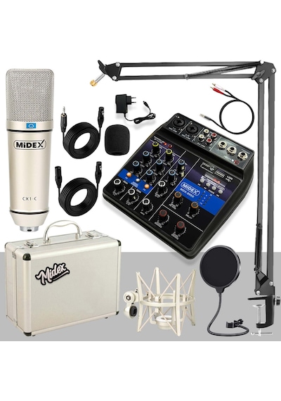Midex CX1 Mixer Set Condenser Mikrofon Ses Kartlı Mikser + Stand + Filtre
