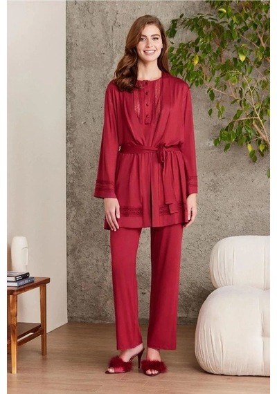 Pierre Cardin 2800 Kadın Bordo Dantelli Penye 3'lü Sabahlıklı Pijama Takım Bordo