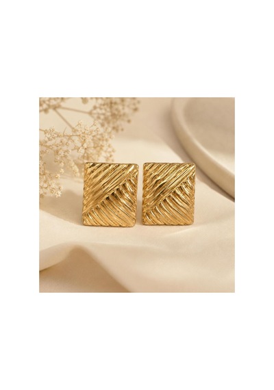 Gold Kare Çizgili Küpe Kabartmalı Dokulu Vintage Küpe Gold - 886706048 Gold - 886706048 Gold