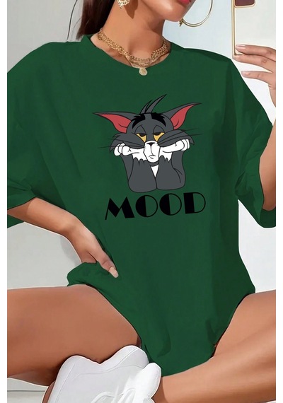 Unisex Mood Baskılı Oversize Tshirt Yeşil