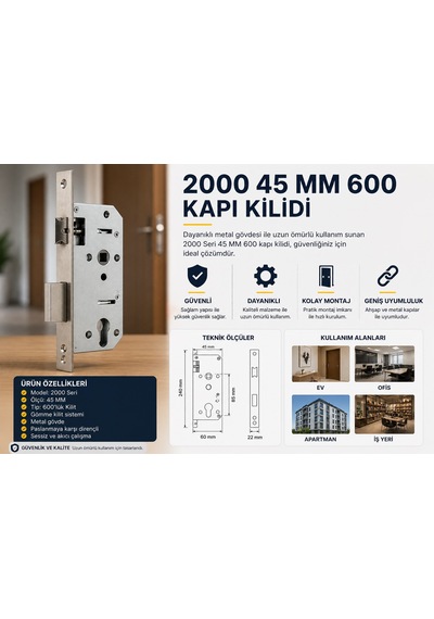 2000 Seri 45 Mm 600 Lük Kapı Kilidi / Gömme Kilit Dayanıklı Metal Gövde