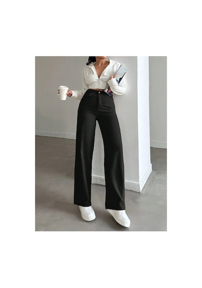 Kene Jeans Yüksek Bel Siyah Keten Bol Paça Tam Kalıp Pantolon Siyah