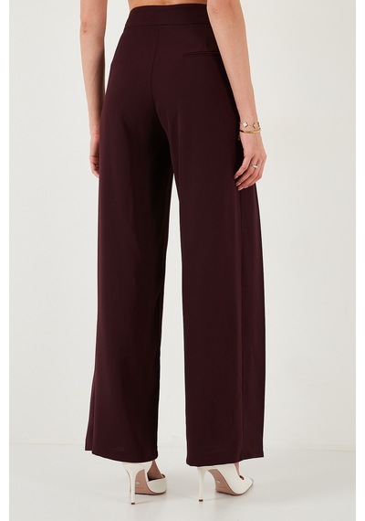 Lela Düğmeli Pile Detaylı Wide Leg Yüksek Bel Geniş Paça Bayan Pantolon 68351133 Mürdüm