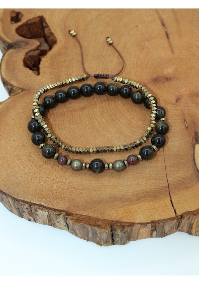 Sertifikalı Gold Obsidyen, Pirit, Lal Ve Hematit Doğal Taşlı Erkek Bileklik Seti 2'li Siyah