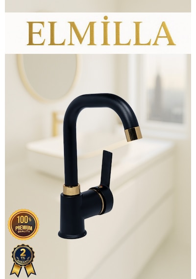 Siyah Gold Armut Delta Kol Köşe Borulu Banyo Lavabo Bataryası Çeşmesi Musluğu Çift Su Girişli