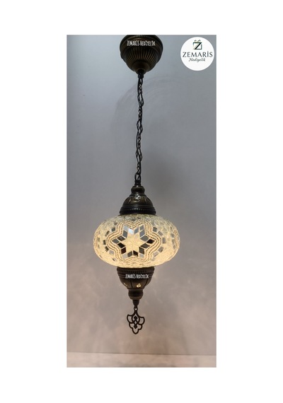 El Yapımı Otantik Mozaik Şarjlı Sarkıt Avize Büyük Camlı Beyaz - 820078548 Beyaz
