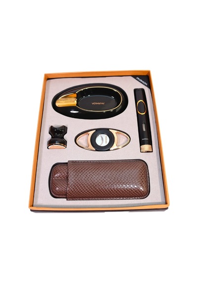 Parmida Tek Torch Pürmüz Çakmak Kesici Küllük Kılıf Sehpa Siyah Gold Beşli Puro Seti Tr10025